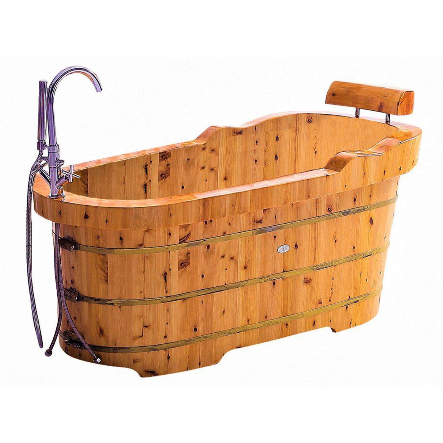 ALFI Brand AB1139 61" One Person Freestanding Soaking Cedar Wooden Bathtub With Fixtures & Headrest