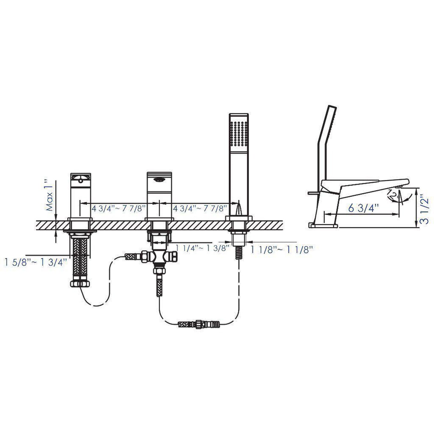 ALFI Brand AB2464-PC Polished Chrome Deck Mounted 3 Hole Tub Filler With Shower Head and Single Lever