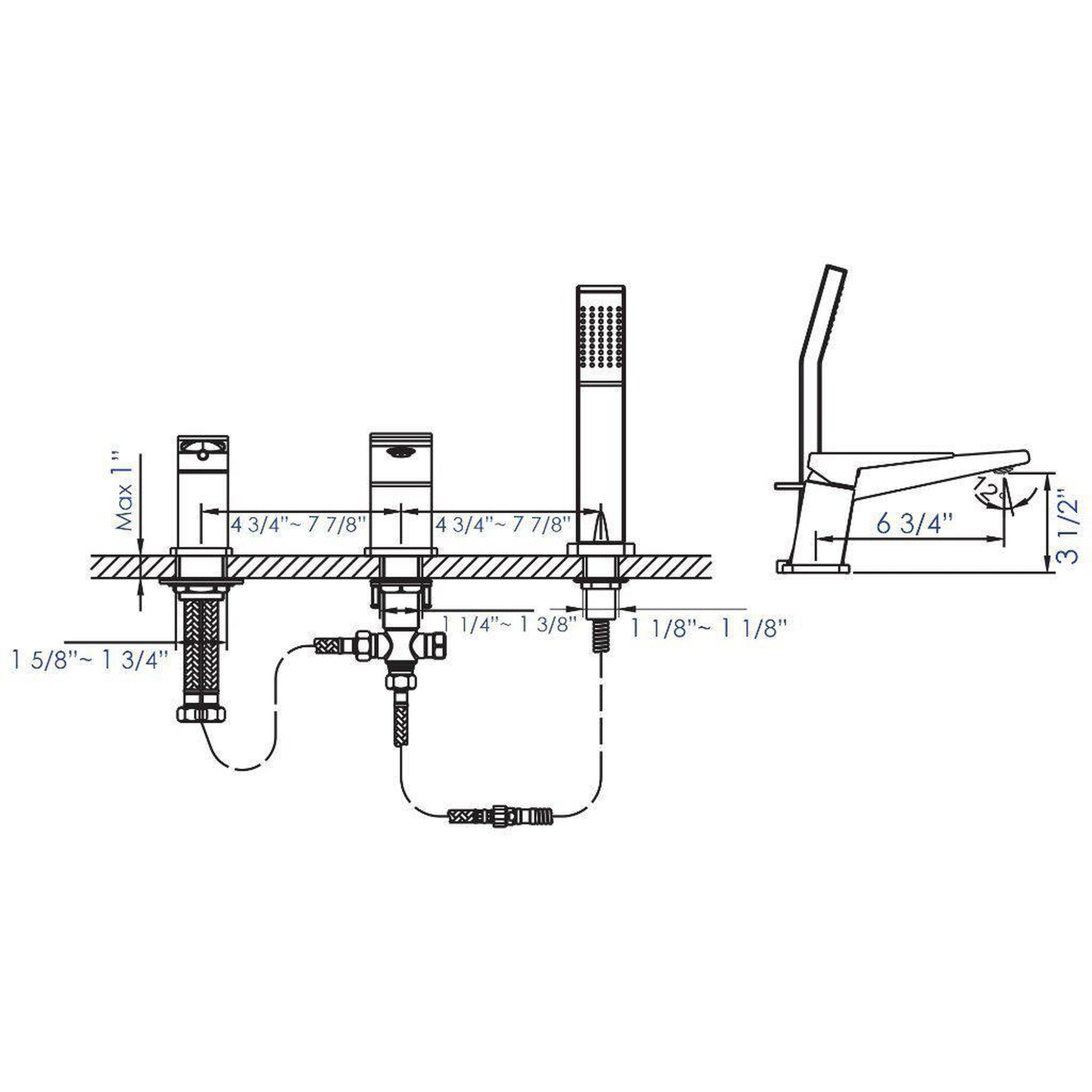 ALFI Brand AB2464-PC Polished Chrome Deck Mounted 3 Hole Tub Filler With Shower Head and Single Lever