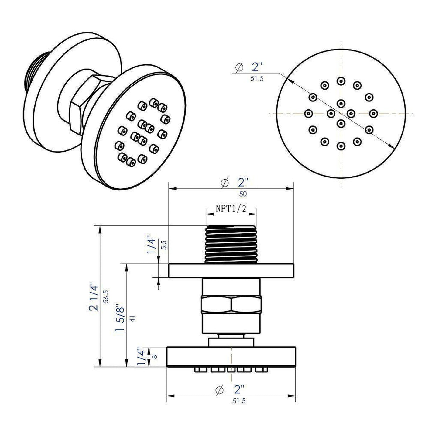 ALFI Brand AB3830-BN 2" Brushed Nickel Round Wall-Mounted Adjustable Shower Body Spray