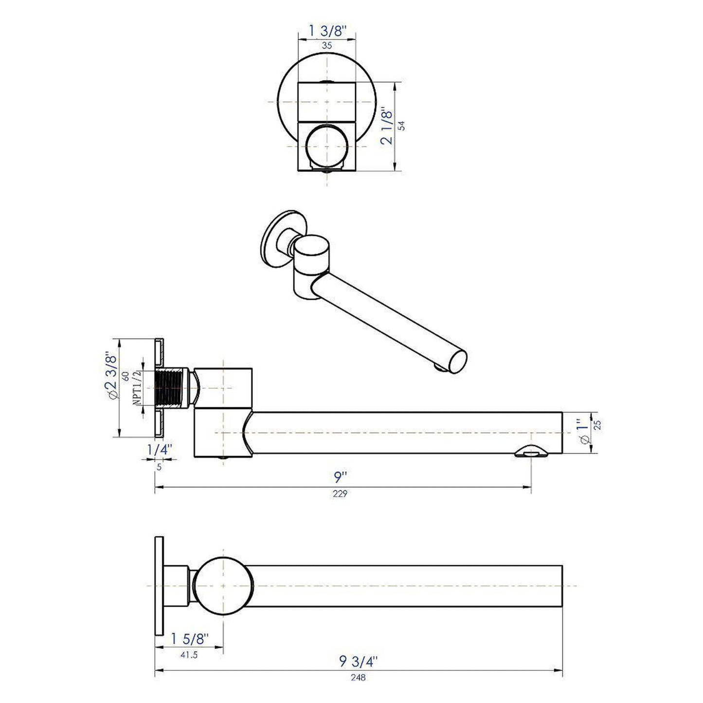 ALFI Brand AB6601-BN Brushed Nickel Wall-Mounted Solid Brass Round Foldable Bathtub Spout