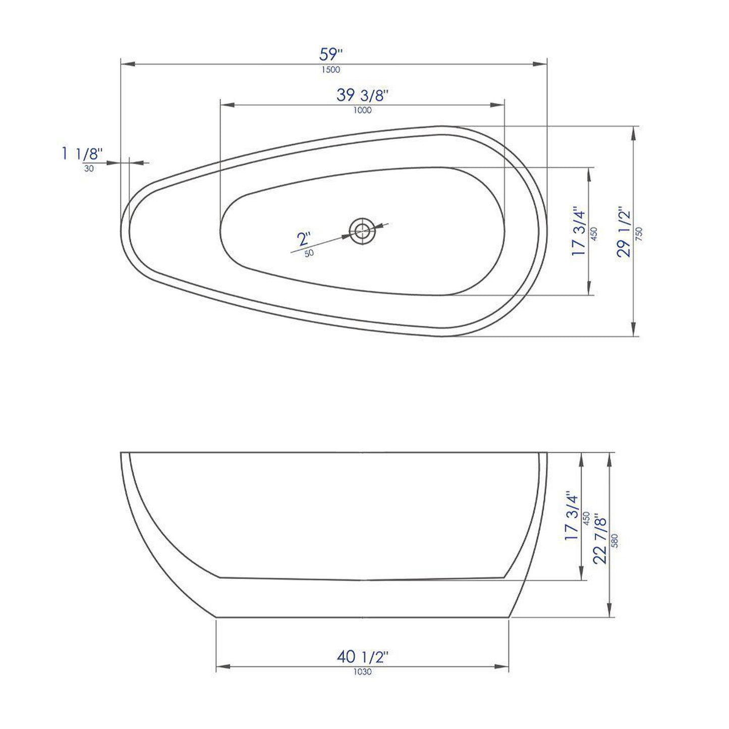 ALFI Brand AB8861 59" One Person Freestanding White Oval Acrylic Soaking Bathtub