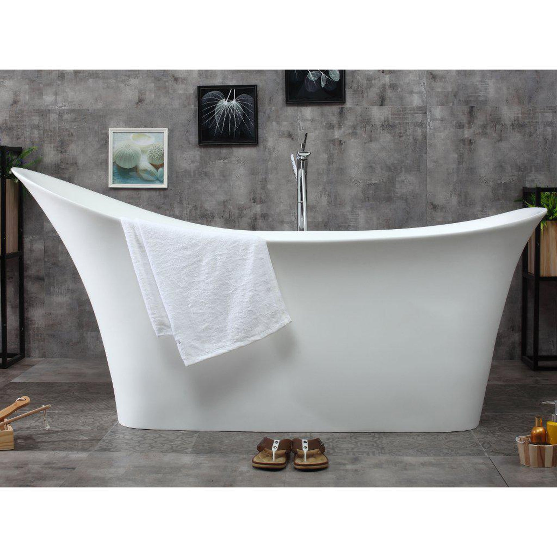 ALFI Brand AB9915 74" One Person Freestanding White Solid Surface Smooth Resin Soaking Slipper Bathtub