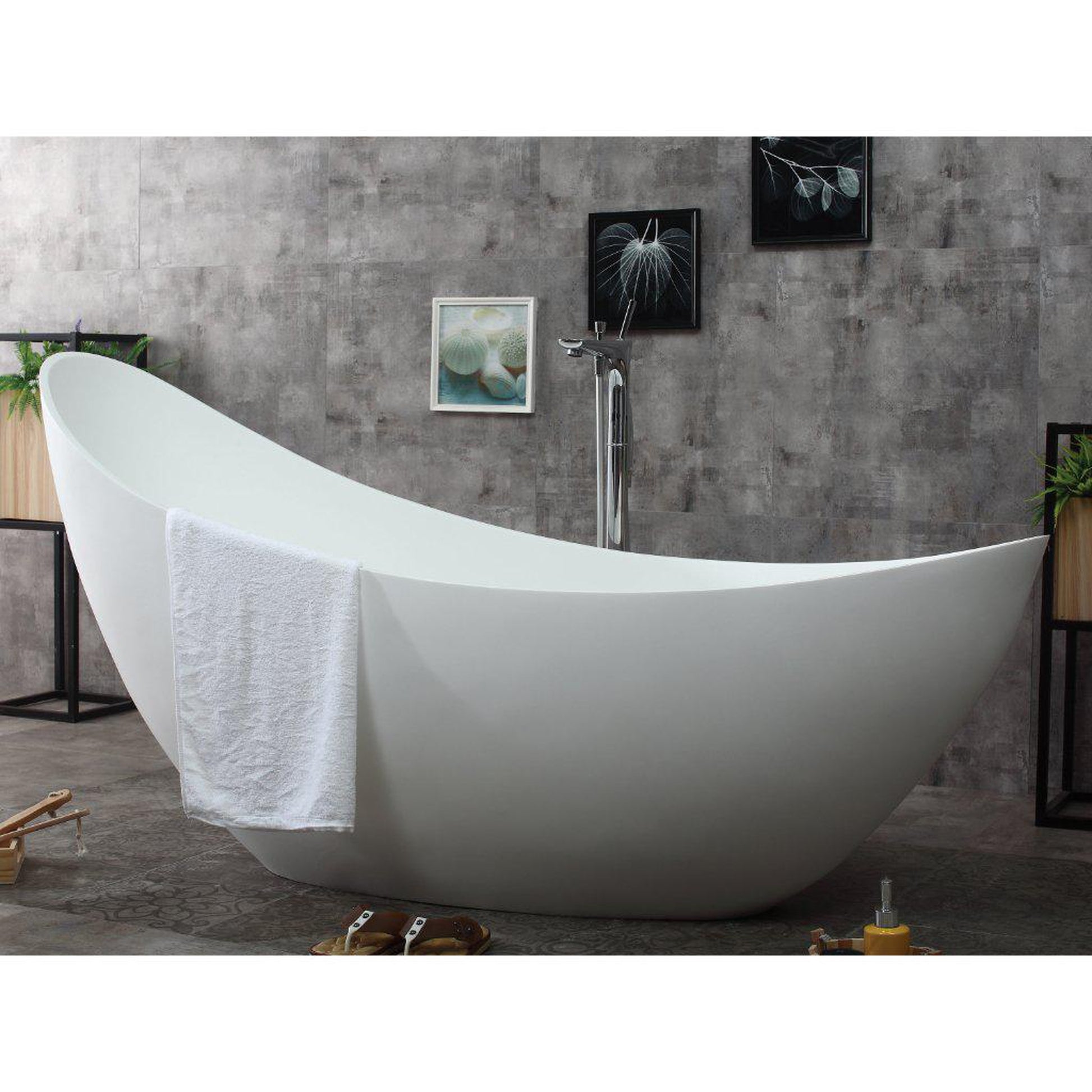 ALFI Brand AB9951 73" One Person Freestanding White Solid Surface Smooth Resin Soaking Slipper Bathtub