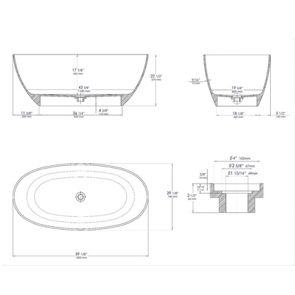 ALFI Brand AB9975BM 59" Black & White Matte Oval Solid Surface Resin Soaking Bathtub