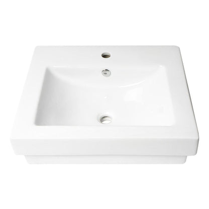ALFI Brand ABC701 24" White Glossy Semi Recessed Rectangle Ceramic Bathroom Sink With Single Faucet Hole and Overflow
