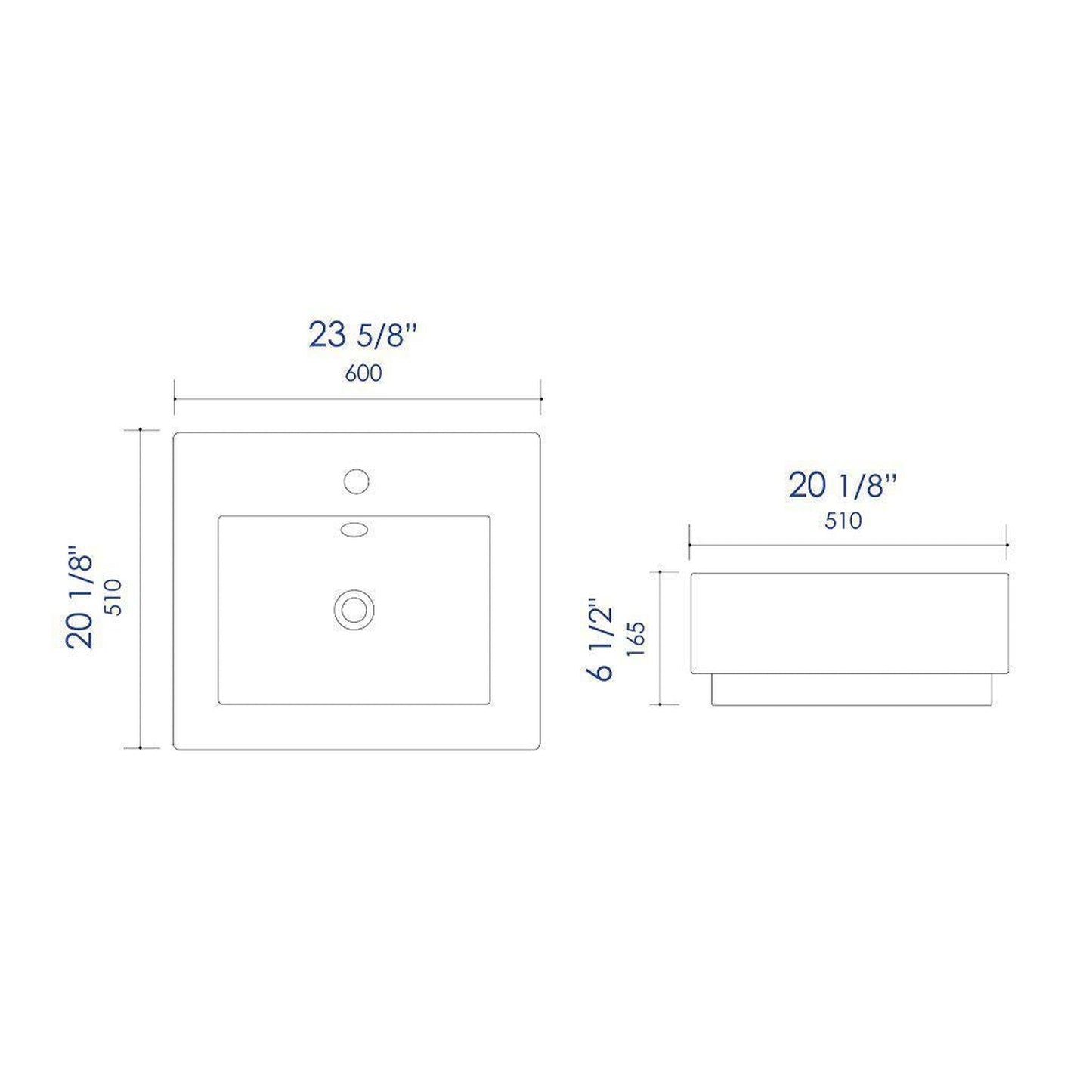 ALFI Brand ABC701 24" White Glossy Semi Recessed Rectangle Ceramic Bathroom Sink With Single Faucet Hole and Overflow