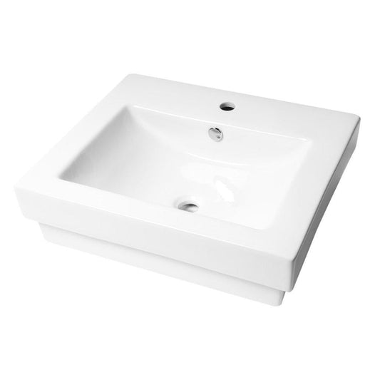 ALFI Brand ABC701 24" White Glossy Semi Recessed Rectangle Ceramic Bathroom Sink With Single Faucet Hole and Overflow