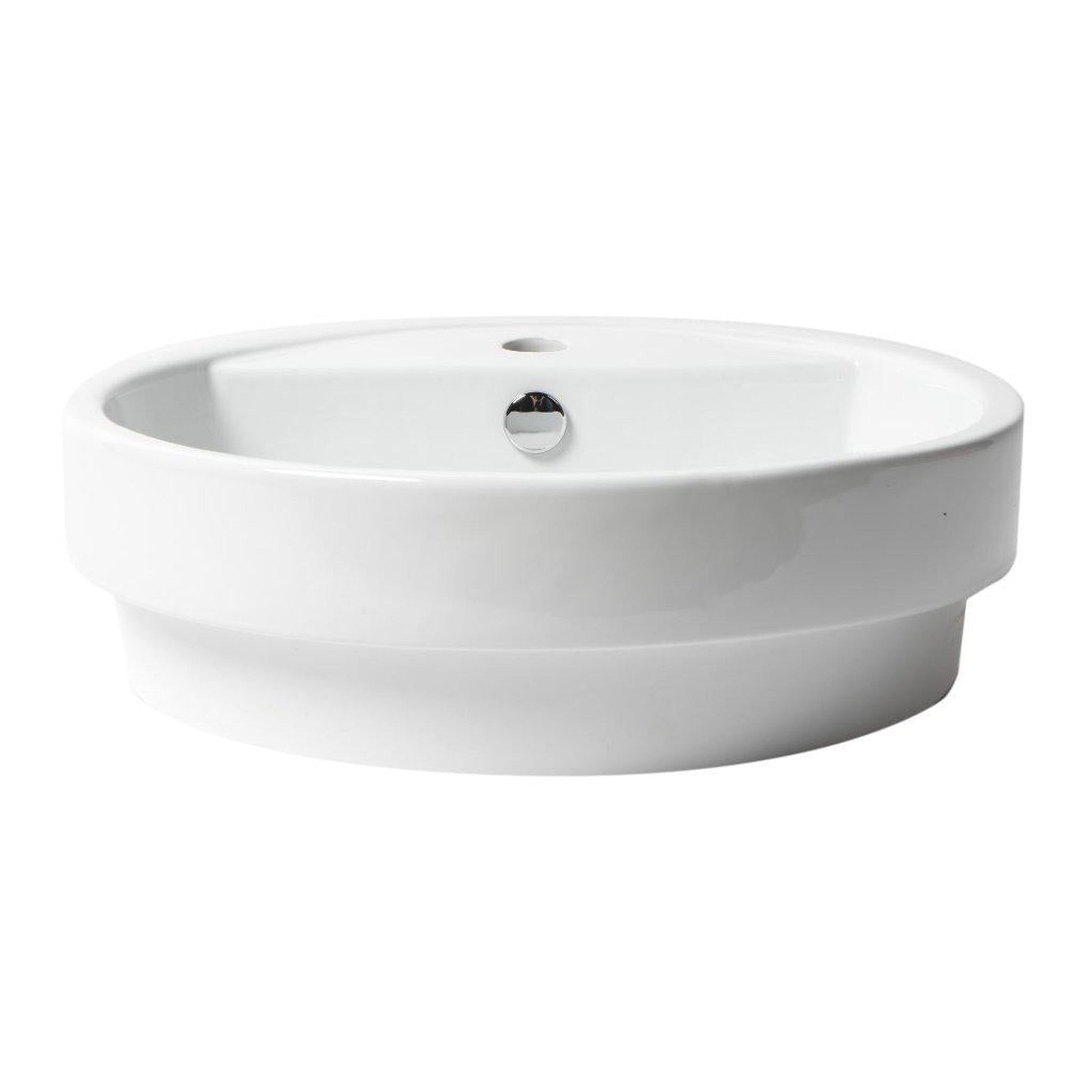 ALFI Brand ABC702 19" White Glossy Semi Recessed Round Ceramic Bathroom Sink With Single Faucet Hole and Overflow