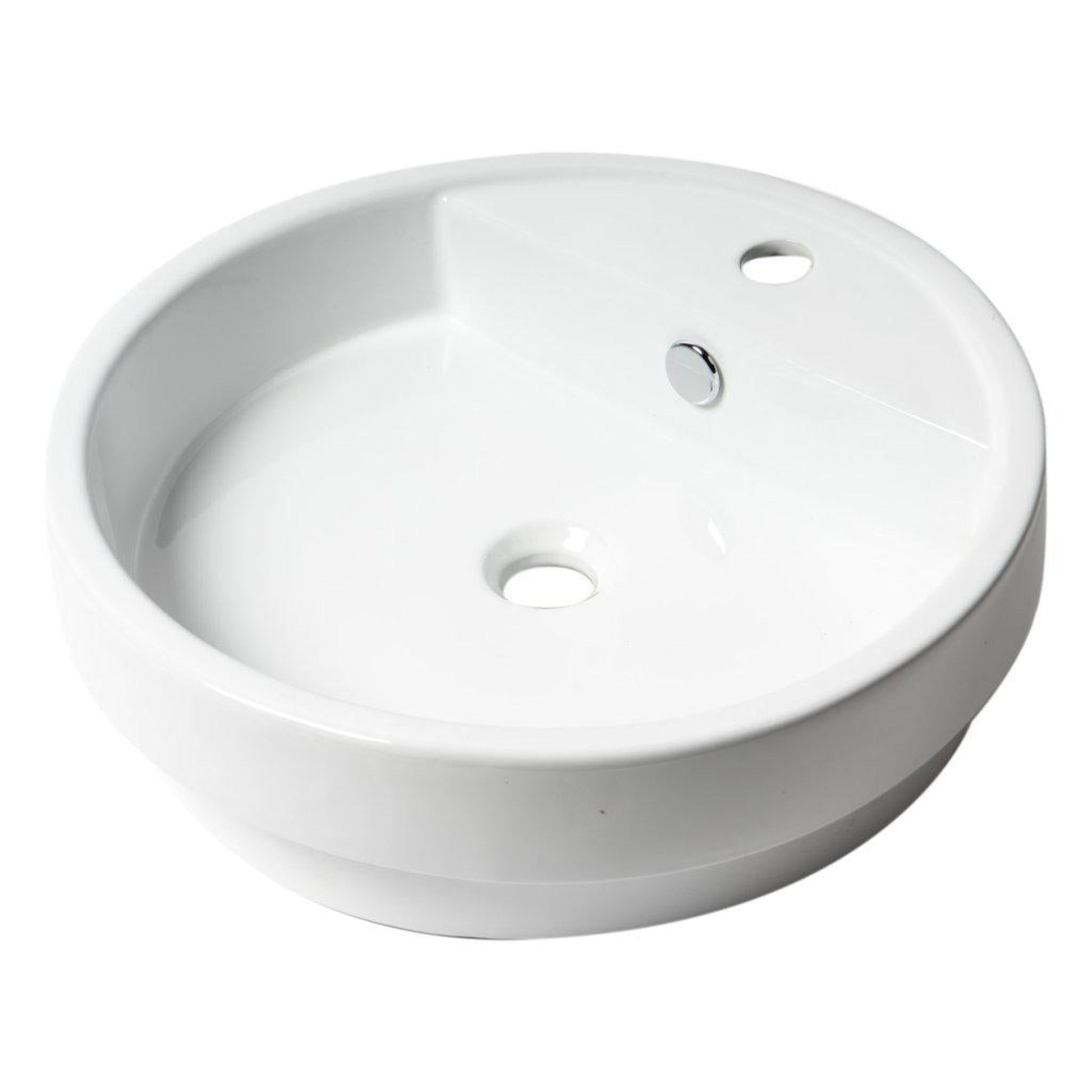 ALFI Brand ABC702 19" White Glossy Semi Recessed Round Ceramic Bathroom Sink With Single Faucet Hole and Overflow