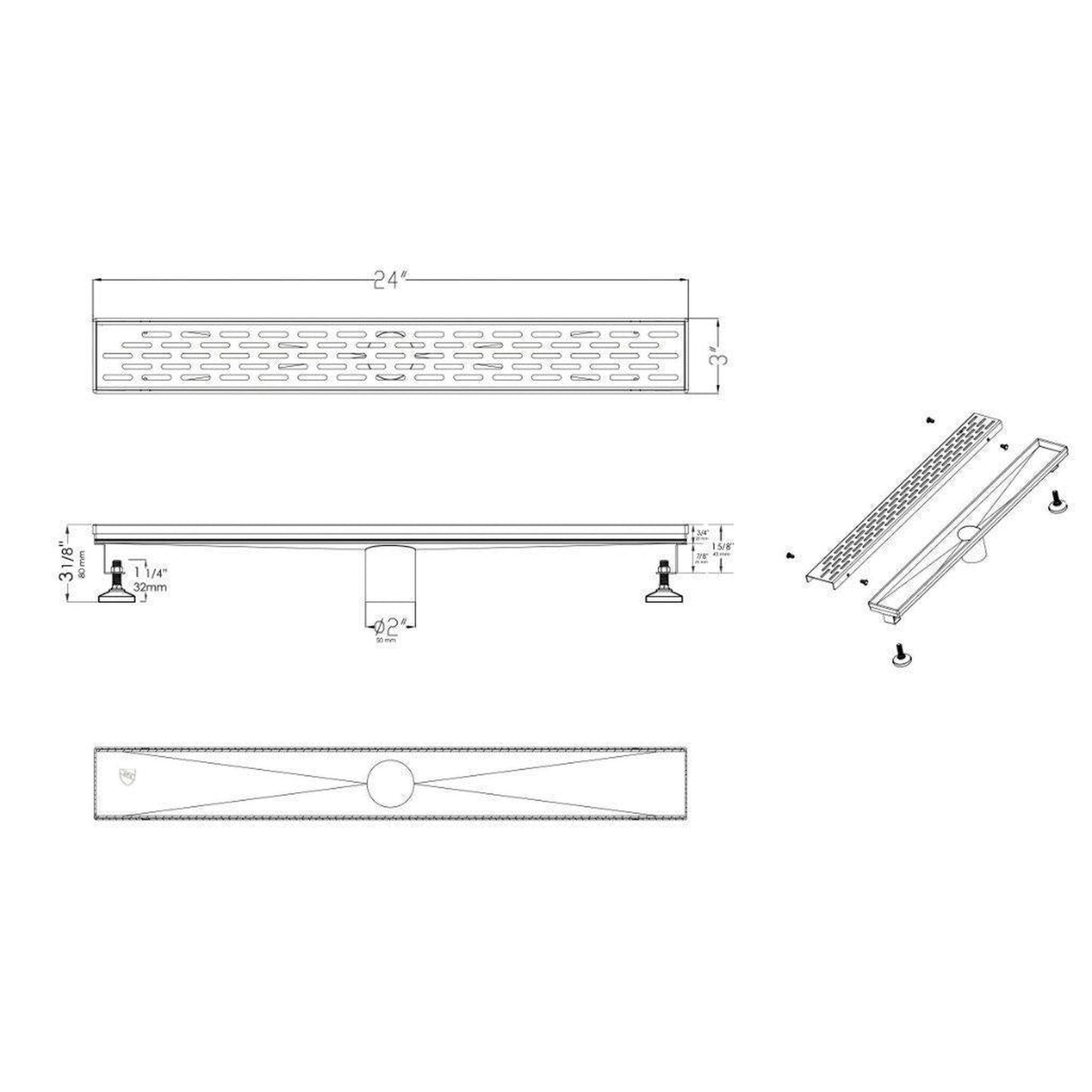 ALFI Brand ABLD24C-BSS 24" Brushed Stainless Steel Rectangle Linear Shower Drain With Groove Holes