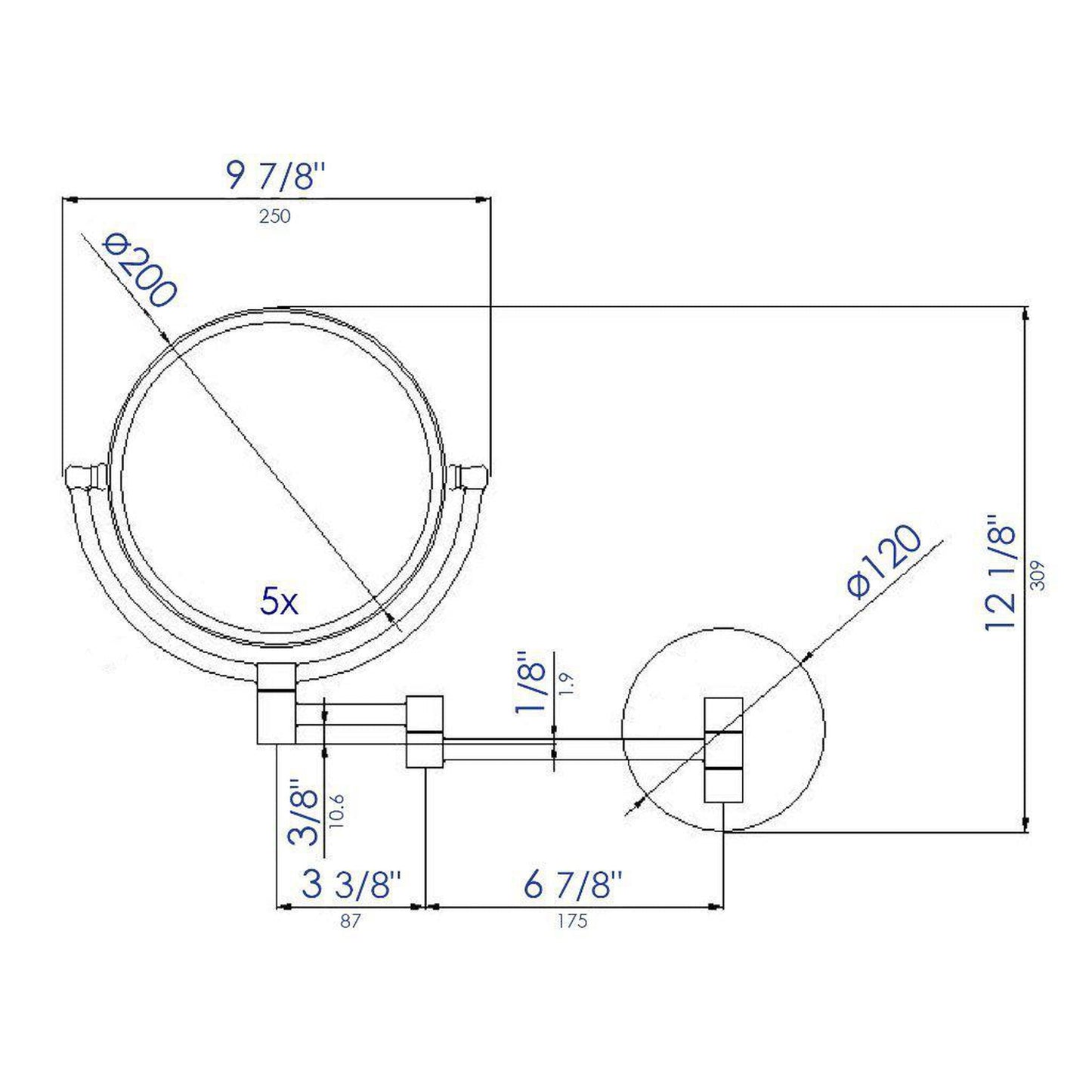 ALFI Brand ABM8WR-BN 8" Brushed Nickel Wall-Mounted Round 5x Magnifying Cosmetic Mirror