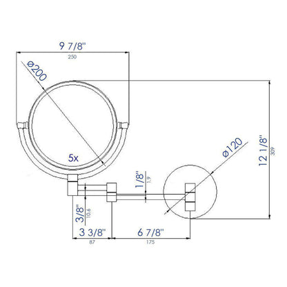 ALFI Brand ABM8WR-BN 8" Brushed Nickel Wall-Mounted Round 5x Magnifying Cosmetic Mirror