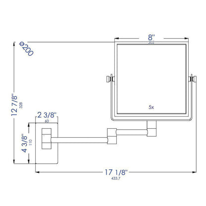 ALFI Brand ABM8WS-BN 8" Brushed Nickel Wall-Mounted Square 5x Magnifying Cosmetic Mirror