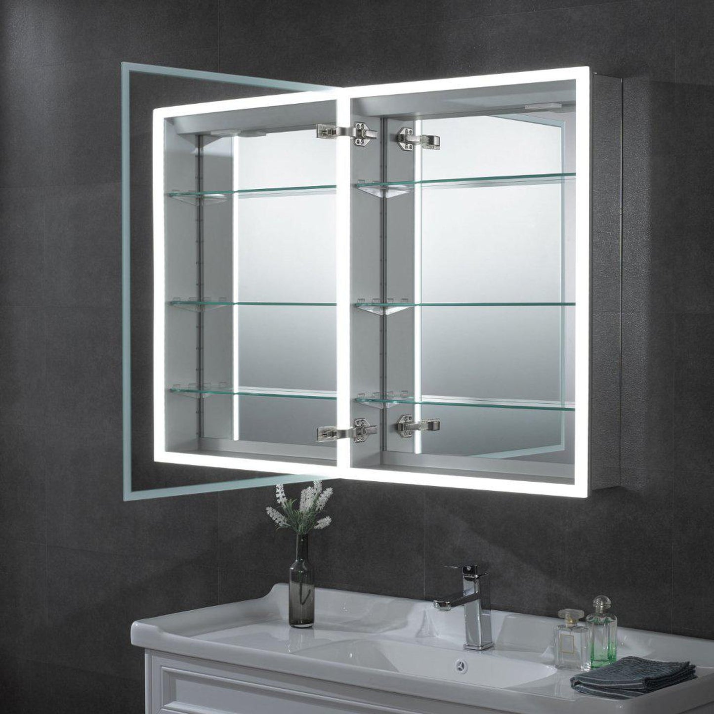ALFI Brand ABMC2432 24" x 32" LED Lighted Hinged Single Door Framed Mirror Medicine Cabinet With Tempered Glass Shelves