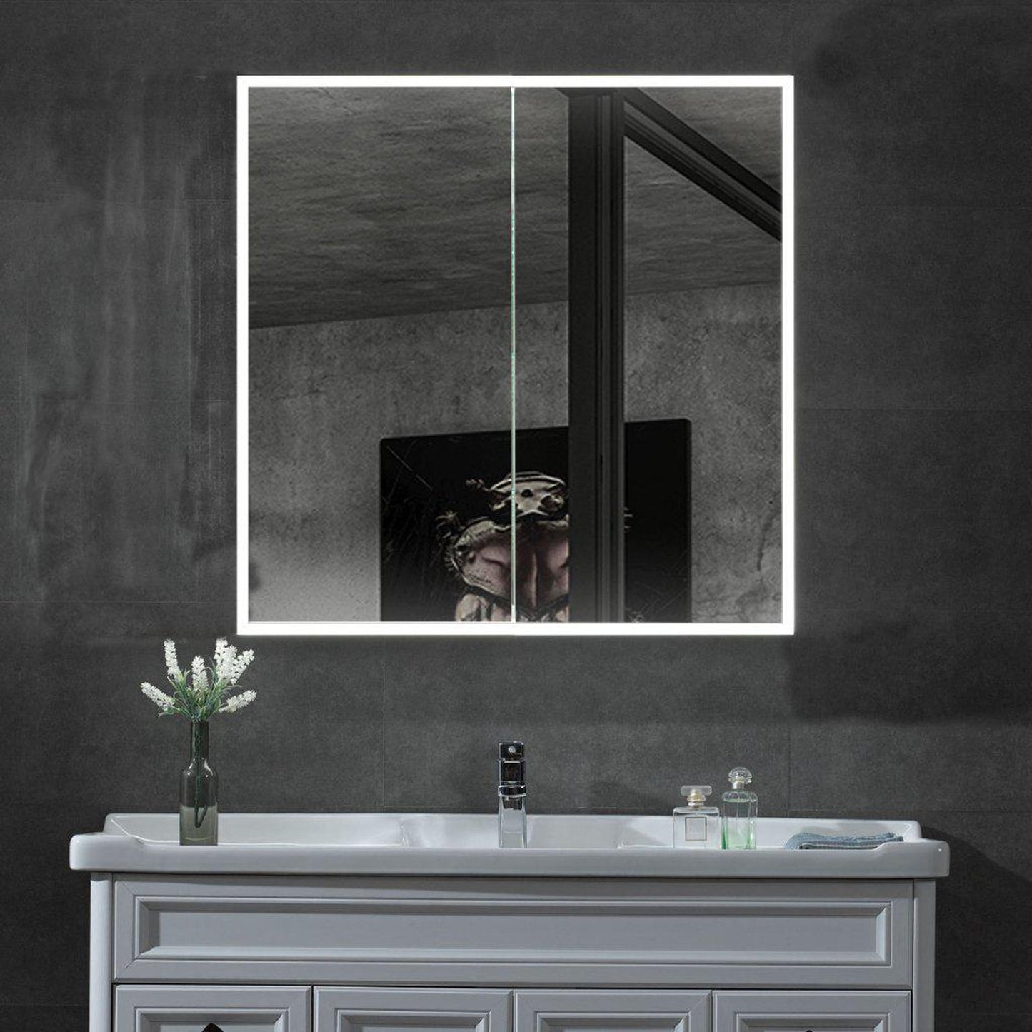 ALFI Brand ABMC3630 36" x 30" LED Lighted Hinged Double Door Framed Mirror Medicine Cabinet With Tempered Glass Shelves