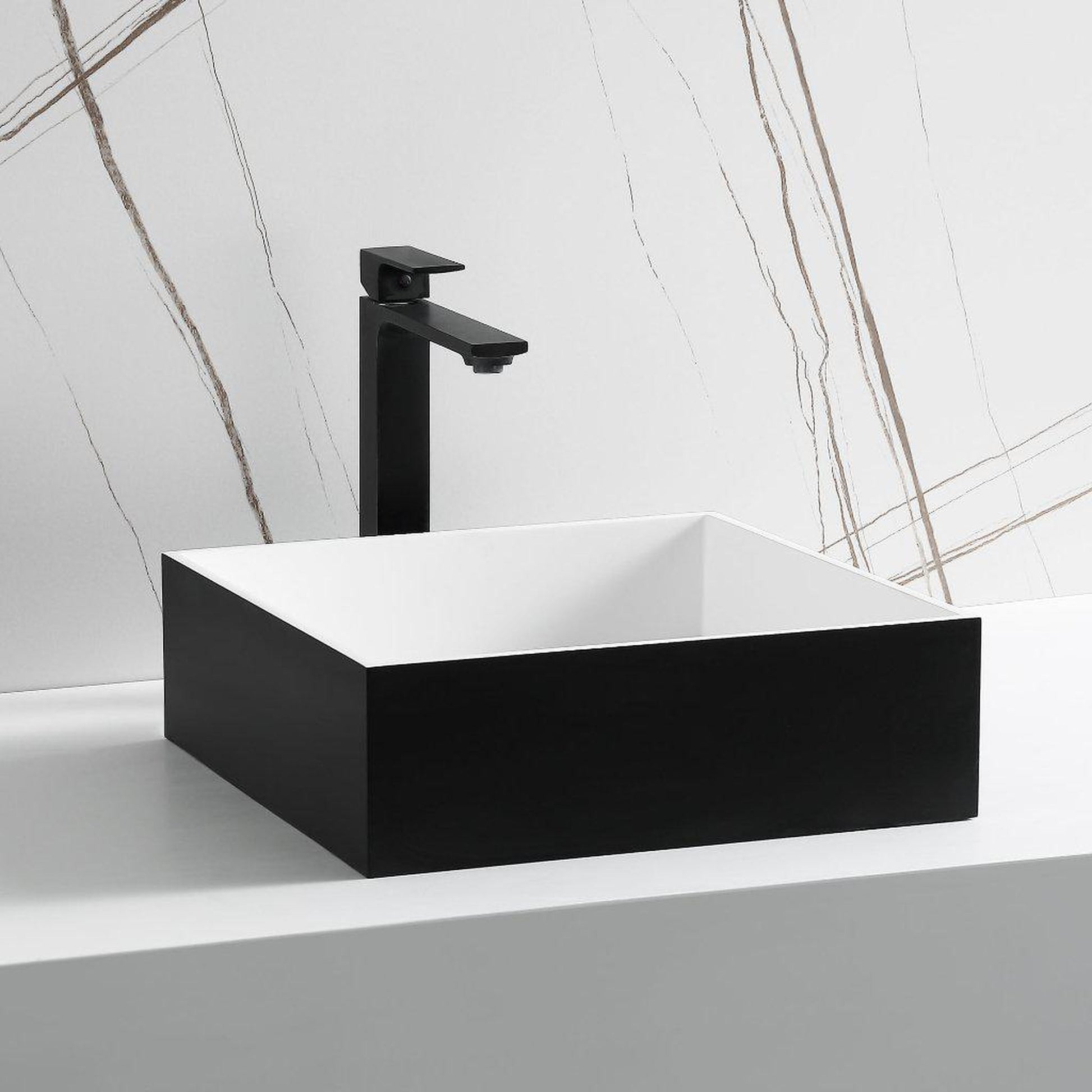 ALFI Brand ABRS14SBM 14" Black Matte Square Solid Surface Resin Bathroom Sink With Chrome Drain