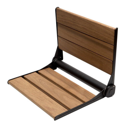 ALFI Brand ABS17-BM 17" Black Matte Folding Teak Wood Shower Seat Bench With Backrest