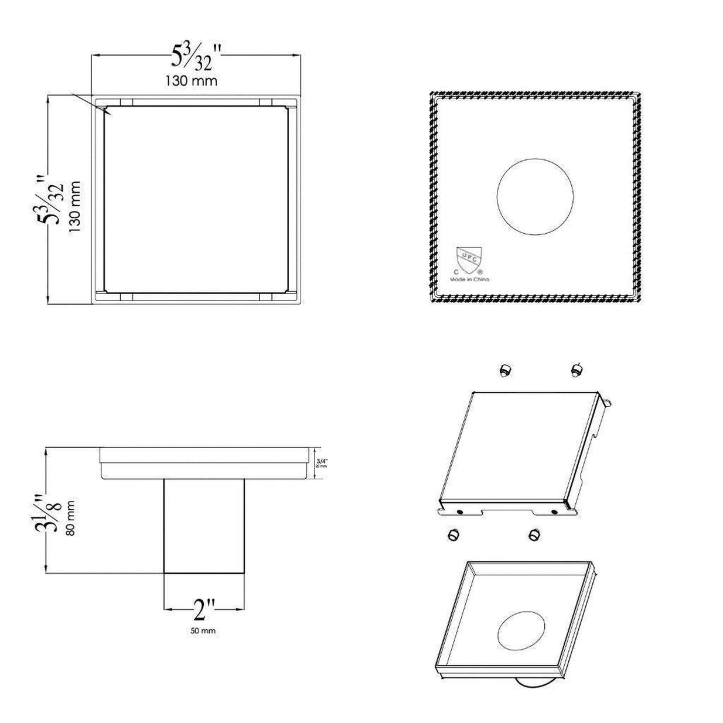 ALFI Brand ABSD55B-PSS 5" Polished Stainless Steel Square Shower Drain With Solid Cover