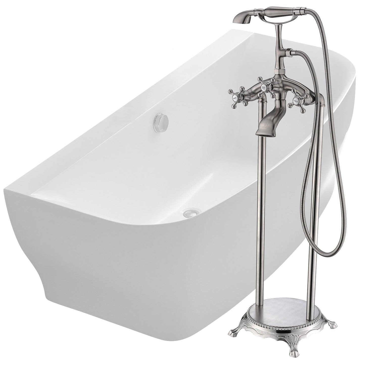 ANZZI Bank Series 65" x 31" Freestanding Glossy White Bathtub With Built-In Overflow, Pop Up Drain and Tugela Bathtub Faucet