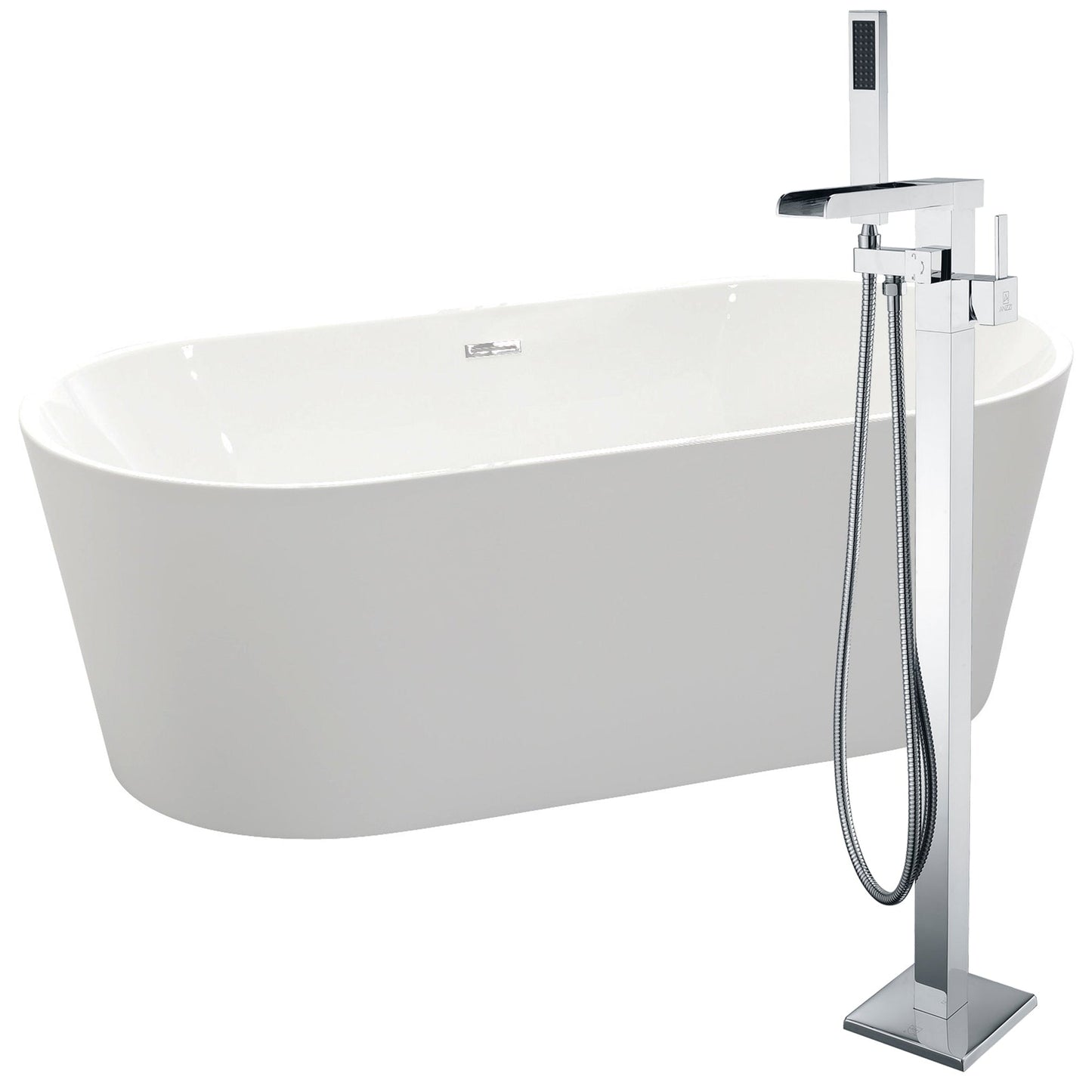 ANZZI Chand Series 67" x 32" Freestanding Glossy White Bathtub With Built-In Overflow, Pop Up Drain and Union Bathtub Faucet