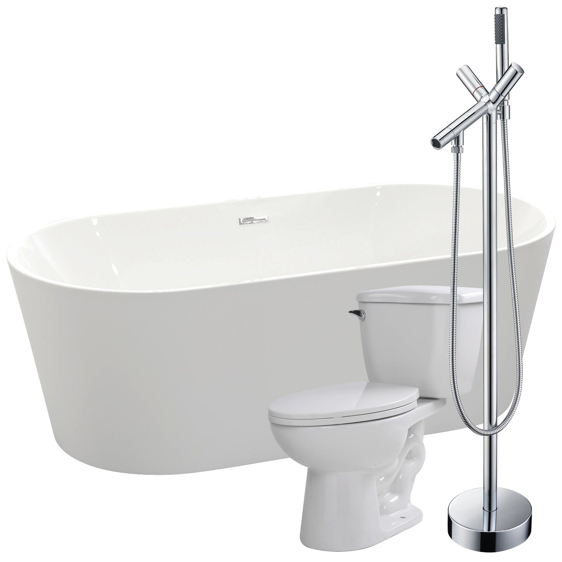 ANZZI Chand Series 67" x 32" Freestanding Glossy White Bathtub With Havasu Bathtub Faucet and Kame Toilet