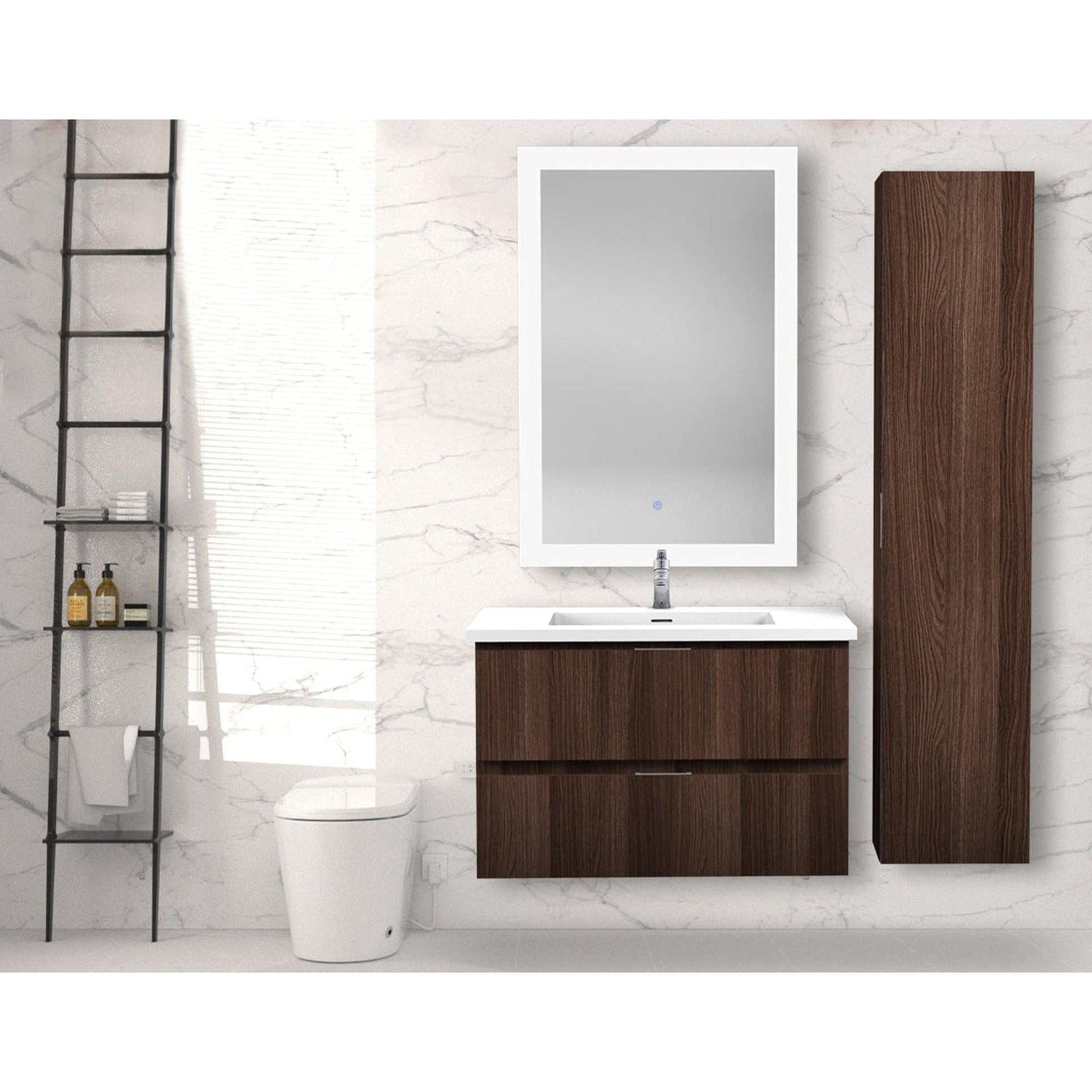 ANZZI Conques Series 30" x 20" Dark Brown Solid Wood Bathroom Vanity With Glossy White Countertop With Sink, 24" LED Mirror and Side Cabinet