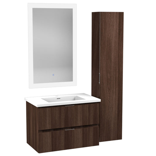 ANZZI Conques Series 30" x 20" Dark Brown Solid Wood Bathroom Vanity With Glossy White Countertop With Sink, 24" LED Mirror and Side Cabinet