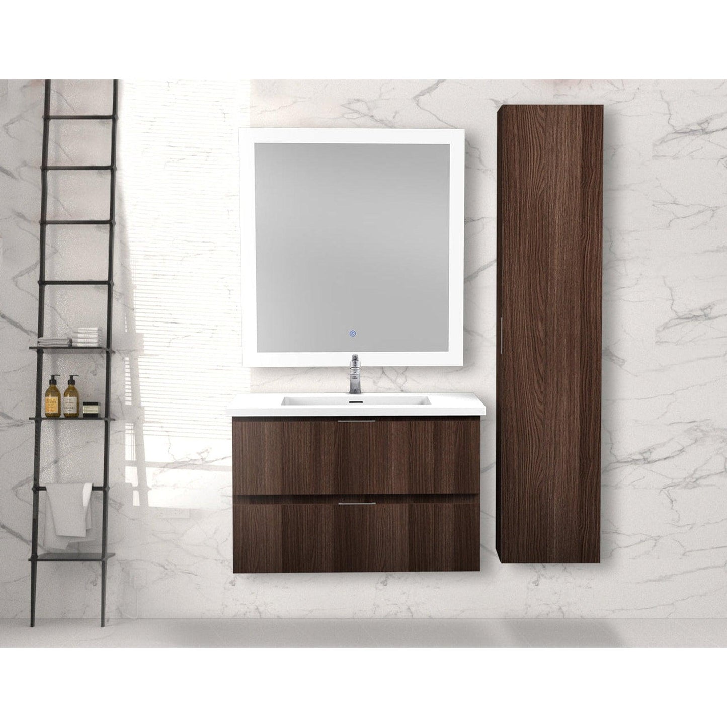 ANZZI Conques Series 30" x 20" Dark Brown Solid Wood Bathroom Vanity With Glossy White Countertop With Sink, 30" LED Mirror and Side Cabinet