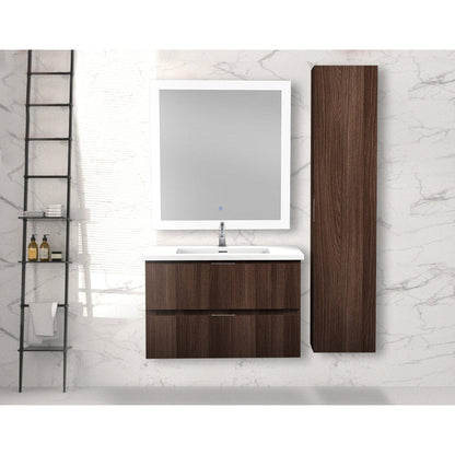 ANZZI Conques Series 30" x 20" Dark Brown Solid Wood Bathroom Vanity With Glossy White Countertop With Sink, 30" LED Mirror and Side Cabinet