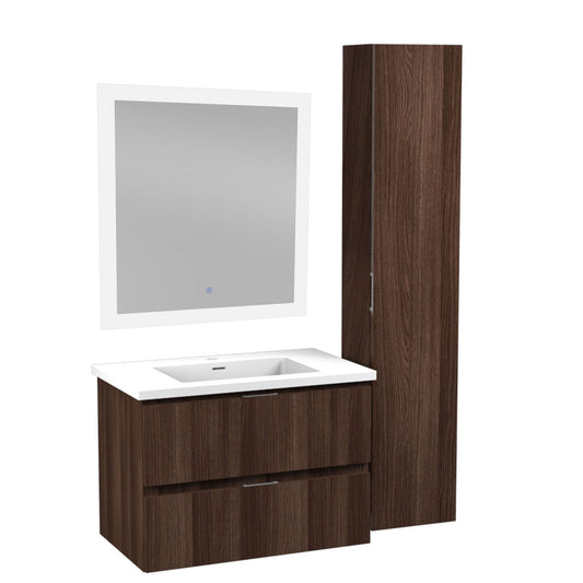 ANZZI Conques Series 30" x 20" Dark Brown Solid Wood Bathroom Vanity With Glossy White Countertop With Sink, 30" LED Mirror and Side Cabinet