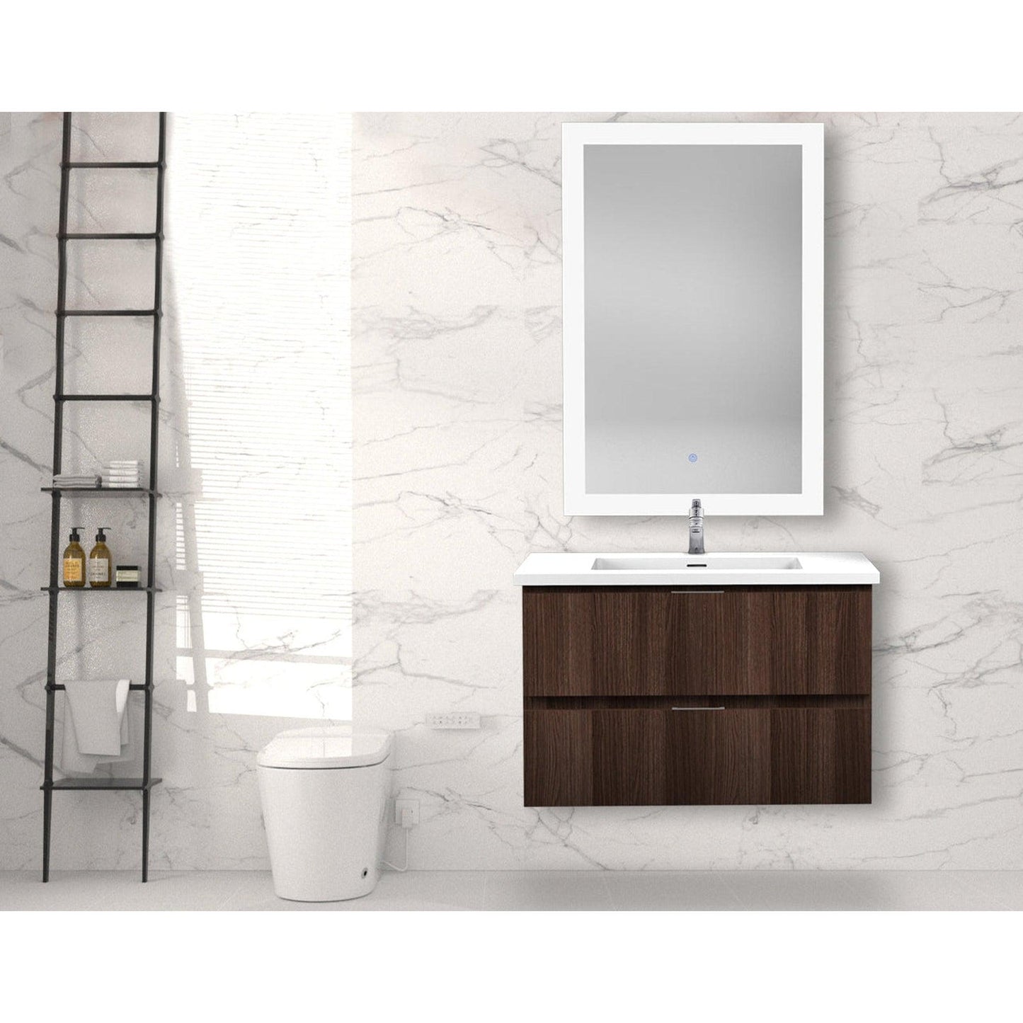 ANZZI Conques Series 30" x 20" Dark Brown Solid Wood Bathroom Vanity With Glossy White Countertop With Sink and 24" LED Mirror