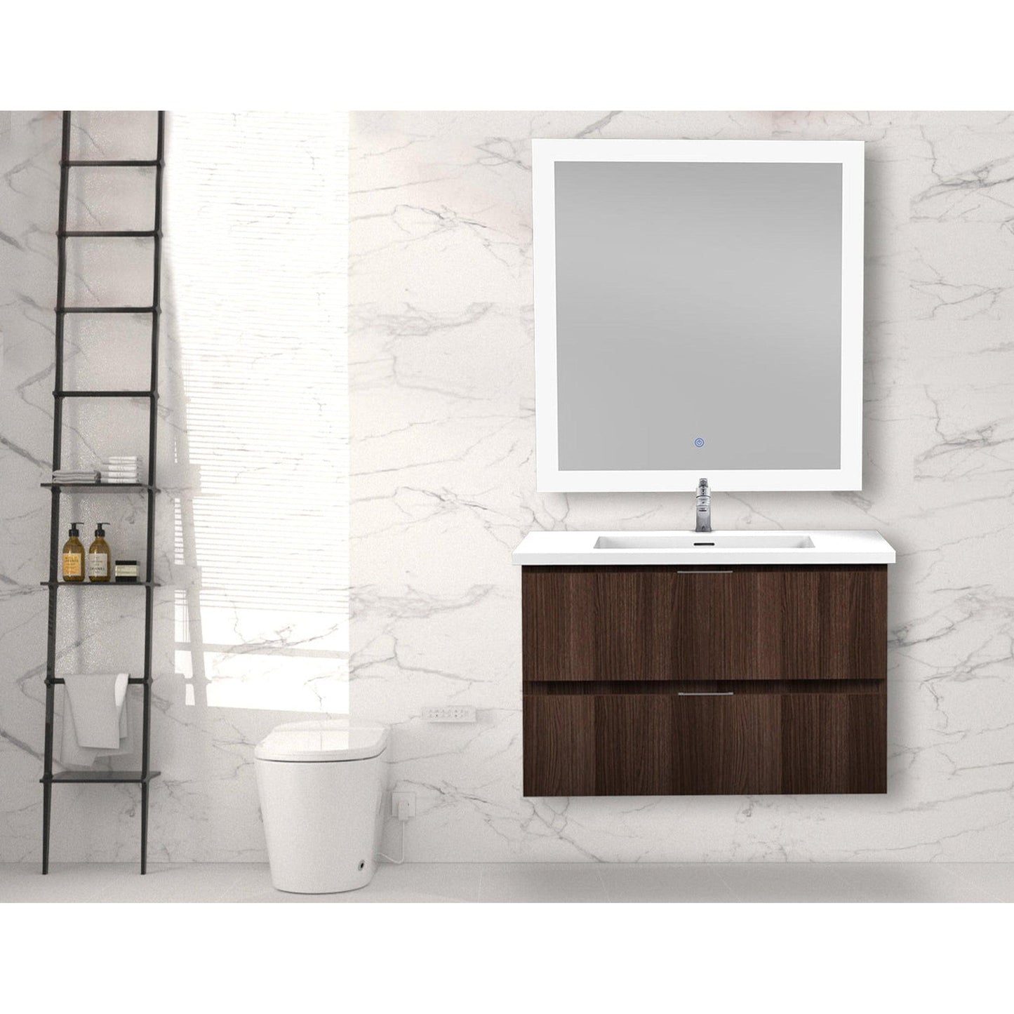 ANZZI Conques Series 30" x 20" Dark Brown Solid Wood Bathroom Vanity With Glossy White Countertop With Sink and 30" LED Mirror
