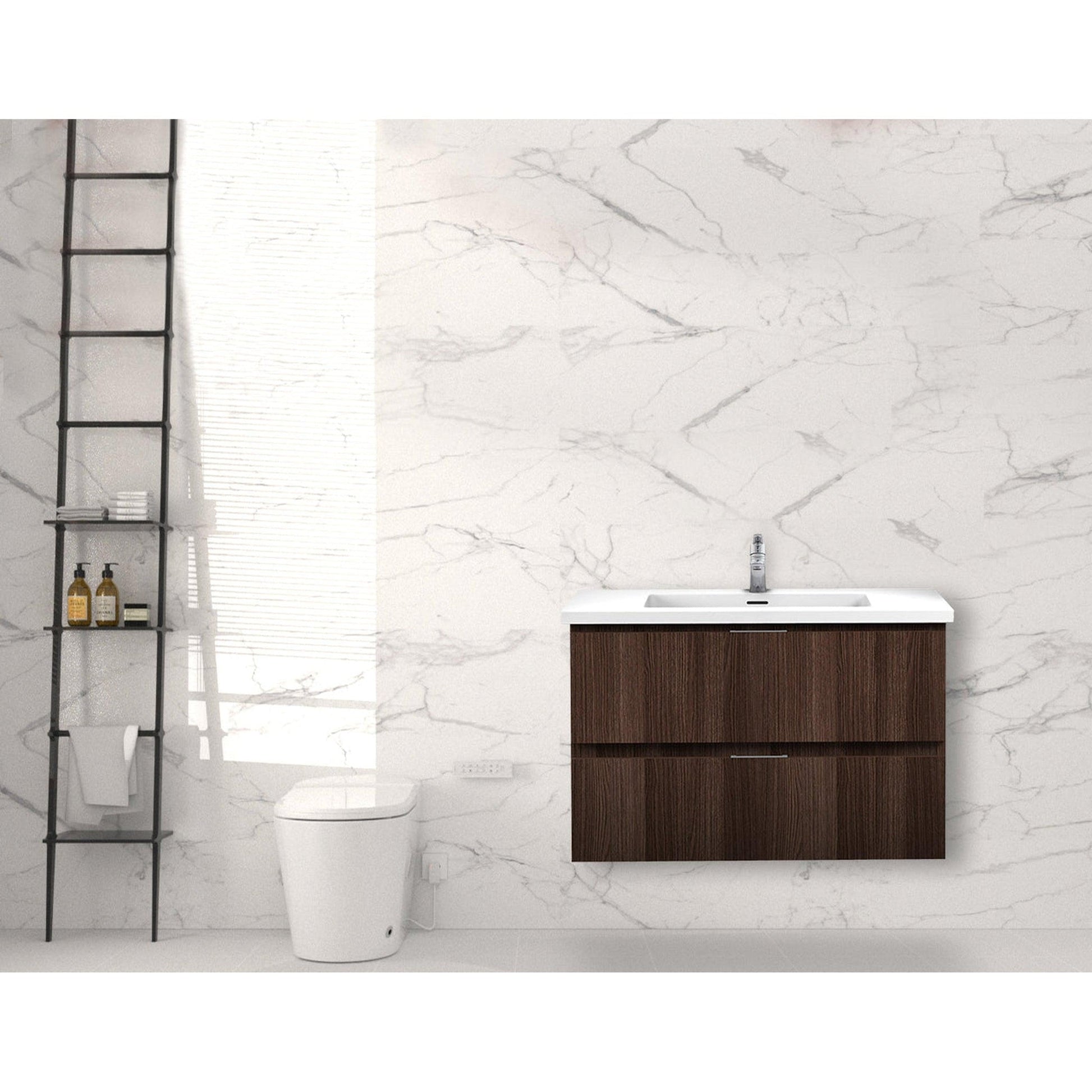 ANZZI Conques Series 30" x 20" Dark Brown Solid Wood Bathroom Vanity With Glossy White Sink and Countertop