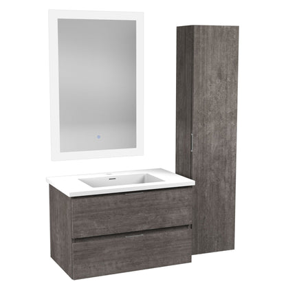 ANZZI Conques Series 30" x 20" Rich Gray Solid Wood Bathroom Vanity With Glossy White Countertop With Sink, 24" LED Mirror and Side Cabinet