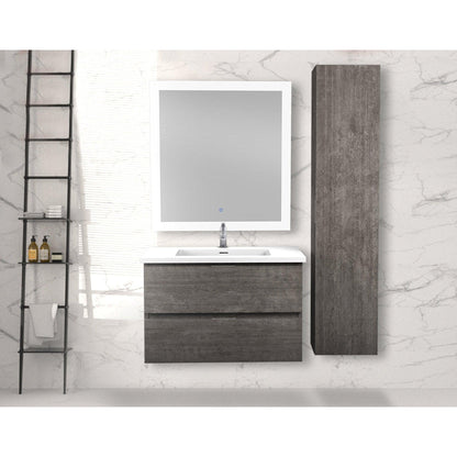 ANZZI Conques Series 30" x 20" Rich Gray Solid Wood Bathroom Vanity With Glossy White Countertop With Sink, 30" LED Mirror and Side Cabinet