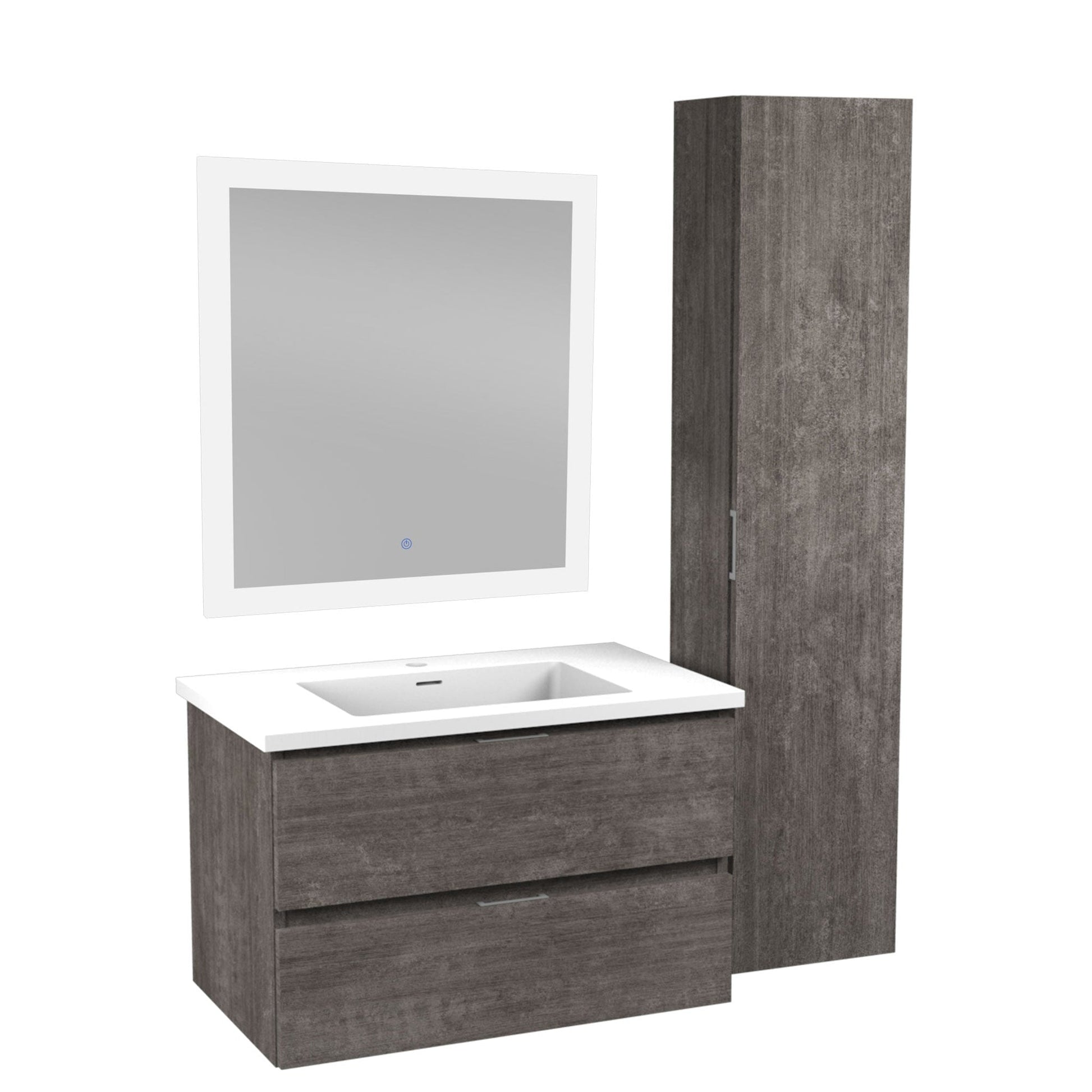 ANZZI Conques Series 30" x 20" Rich Gray Solid Wood Bathroom Vanity With Glossy White Countertop With Sink, 30" LED Mirror and Side Cabinet