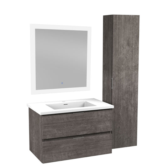 ANZZI Conques Series 30" x 20" Rich Gray Solid Wood Bathroom Vanity With Glossy White Countertop With Sink, 30" LED Mirror and Side Cabinet