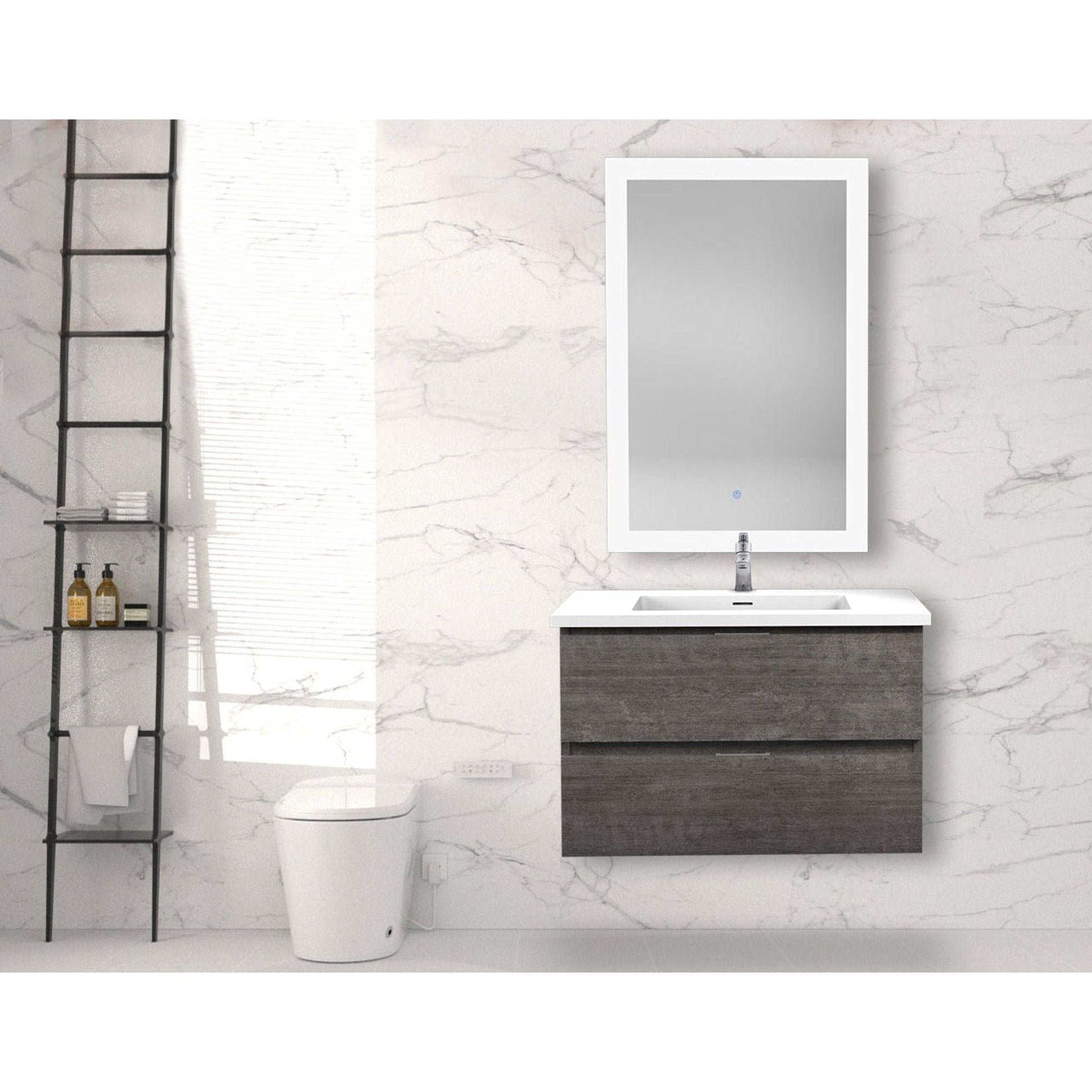 ANZZI Conques Series 30" x 20" Rich Gray Solid Wood Bathroom Vanity With Glossy White Countertop With Sink and 24" LED Mirror