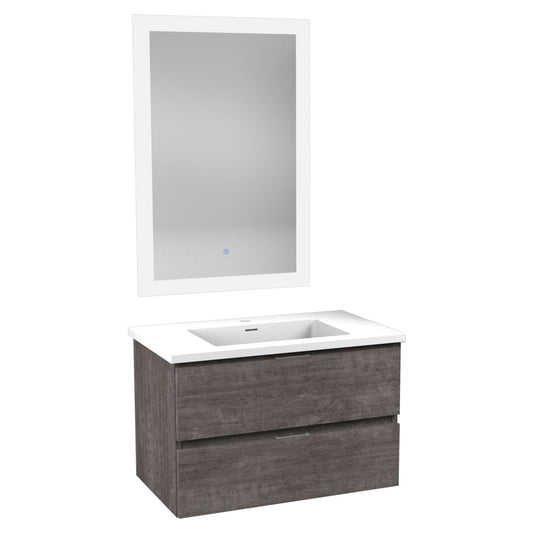 ANZZI Conques Series 30" x 20" Rich Gray Solid Wood Bathroom Vanity With Glossy White Countertop With Sink and 24" LED Mirror