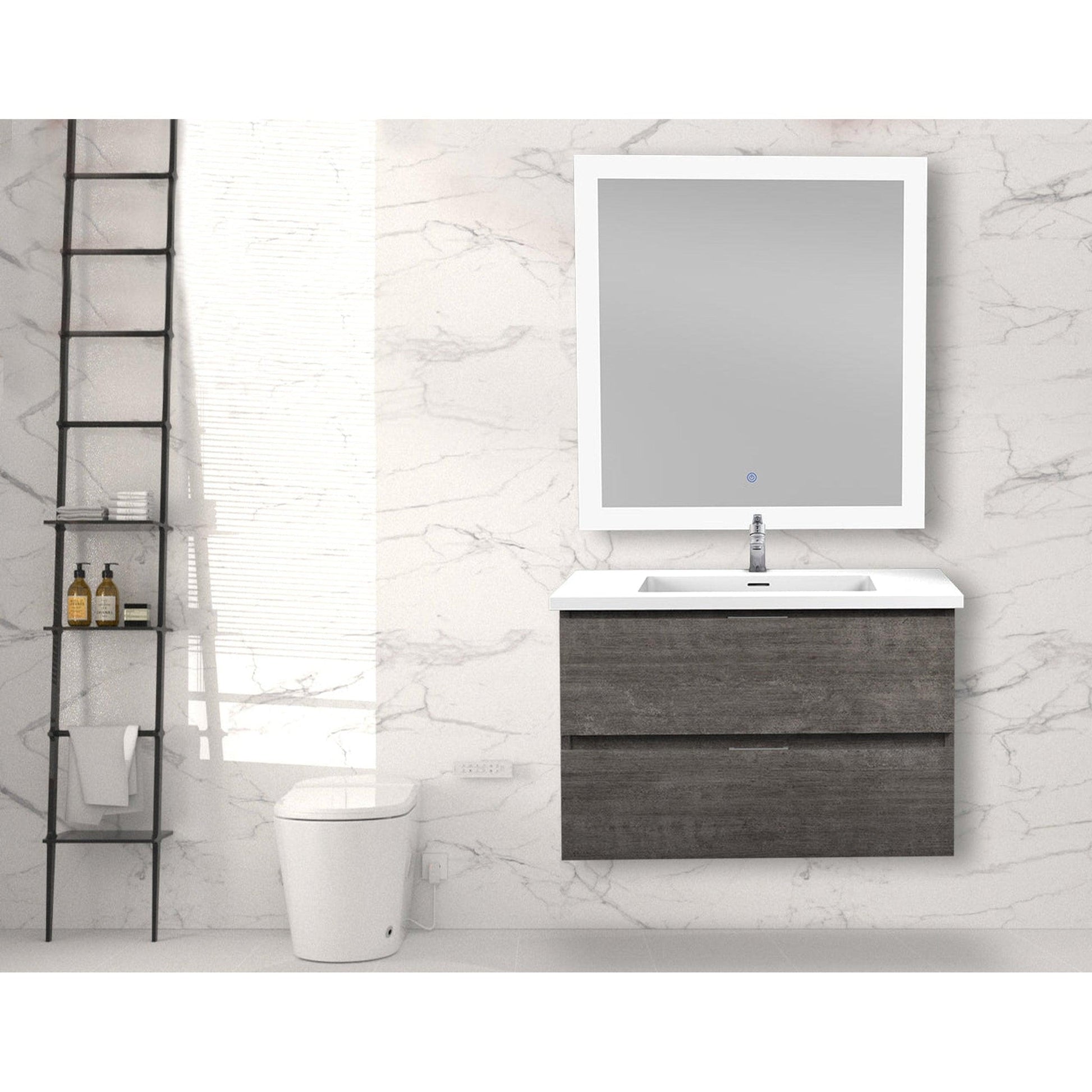 ANZZI Conques Series 30" x 20" Rich Gray Solid Wood Bathroom Vanity With Glossy White Countertop With Sink and 30" LED Mirror