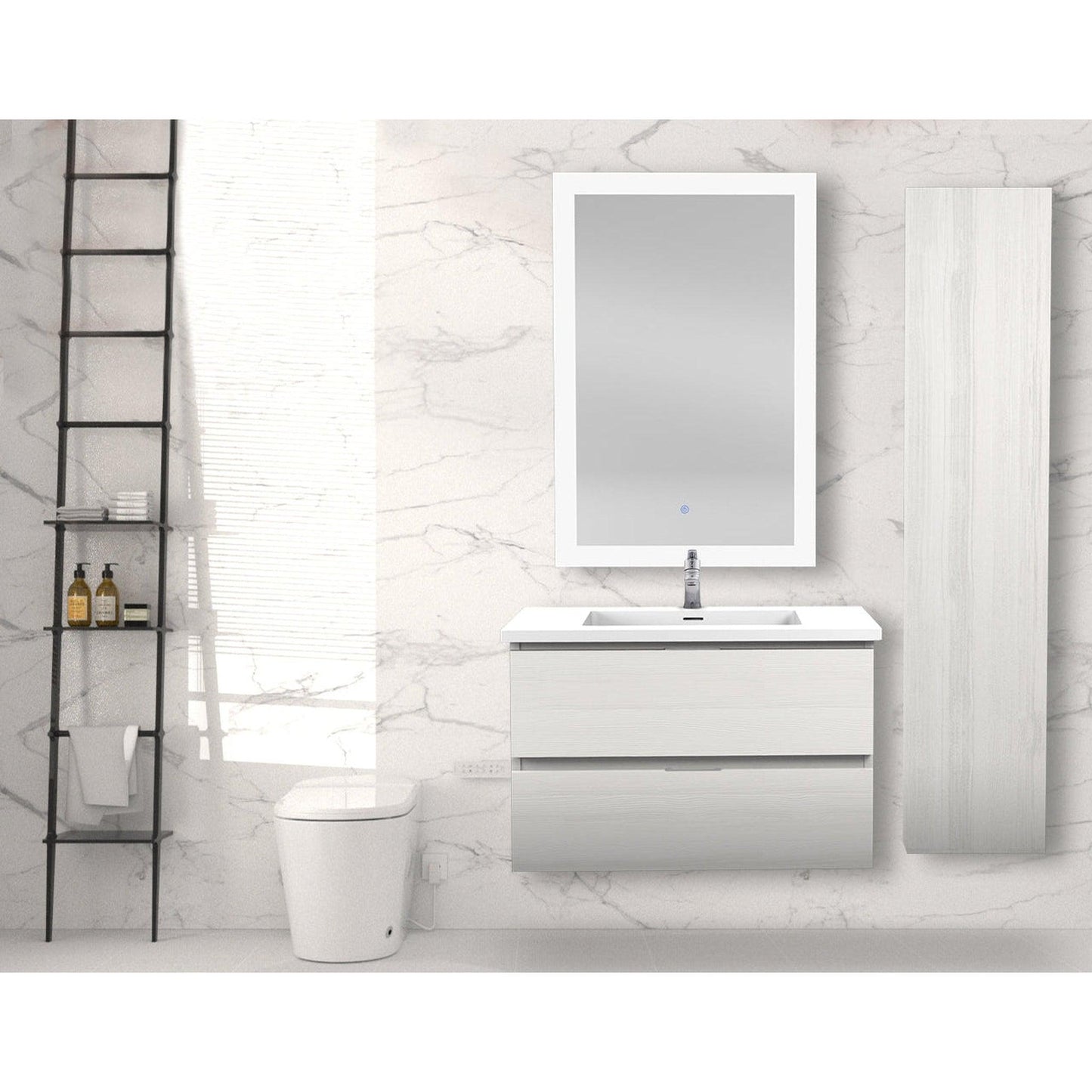 ANZZI Conques Series 30" x 20" Rich White Solid Wood Bathroom Vanity With Glossy White Countertop With Sink, 24" LED Mirror and Side Cabinet