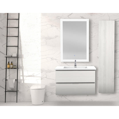 ANZZI Conques Series 30" x 20" Rich White Solid Wood Bathroom Vanity With Glossy White Countertop With Sink, 24" LED Mirror and Side Cabinet