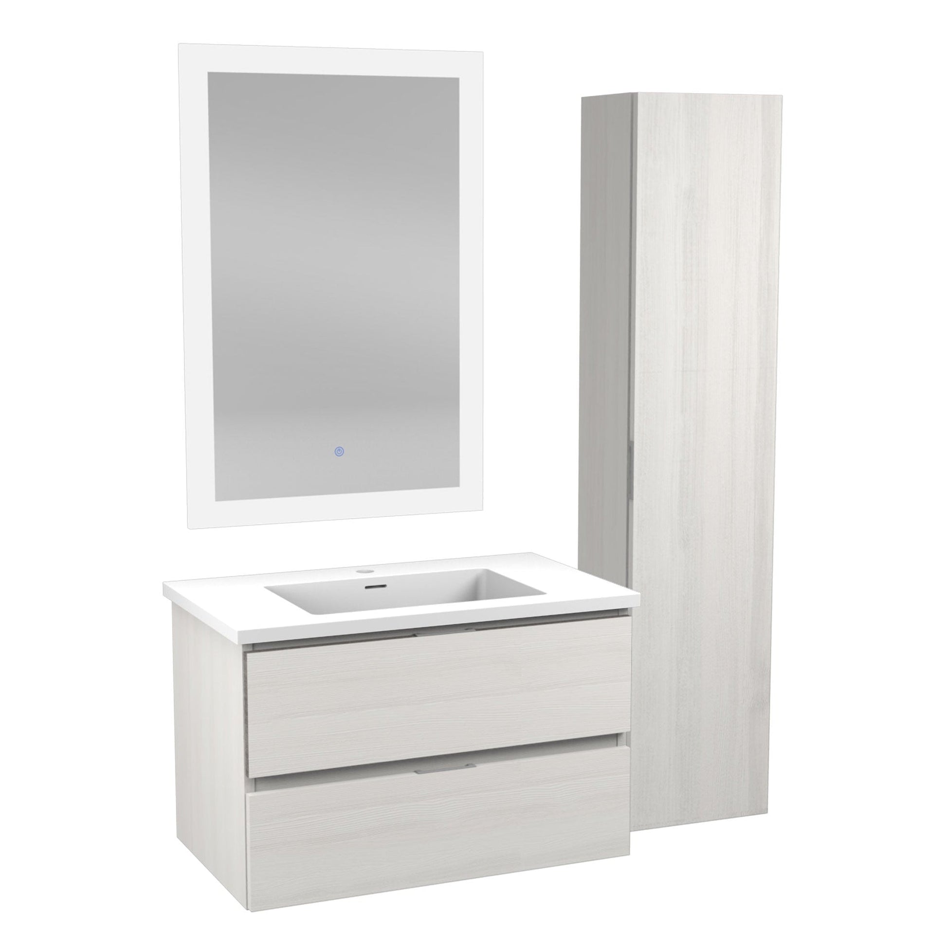 ANZZI Conques Series 30" x 20" Rich White Solid Wood Bathroom Vanity With Glossy White Countertop With Sink, 24" LED Mirror and Side Cabinet