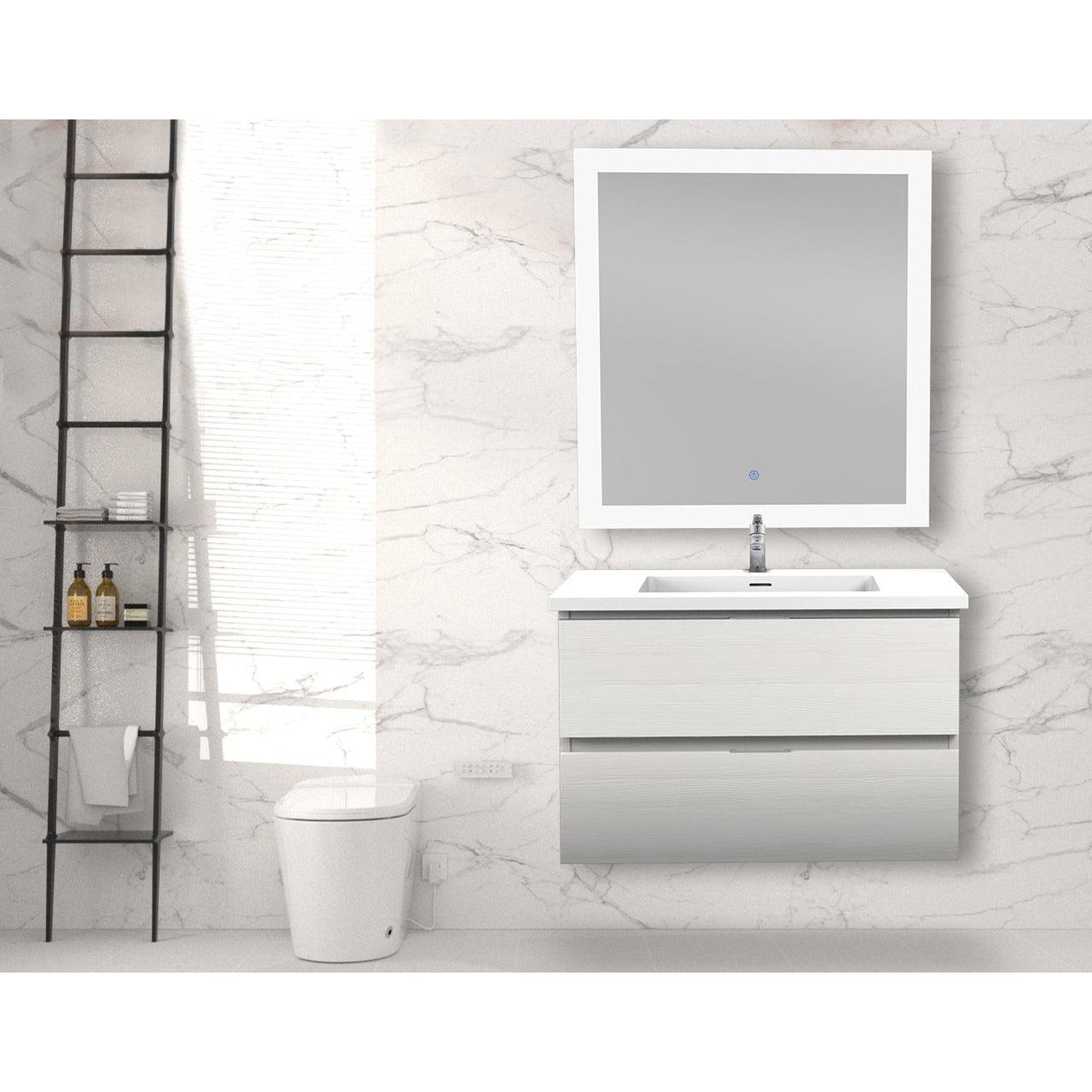 ANZZI Conques Series 30" x 20" Rich White Solid Wood Bathroom Vanity With Glossy White Countertop With Sink and 30" LED Mirror