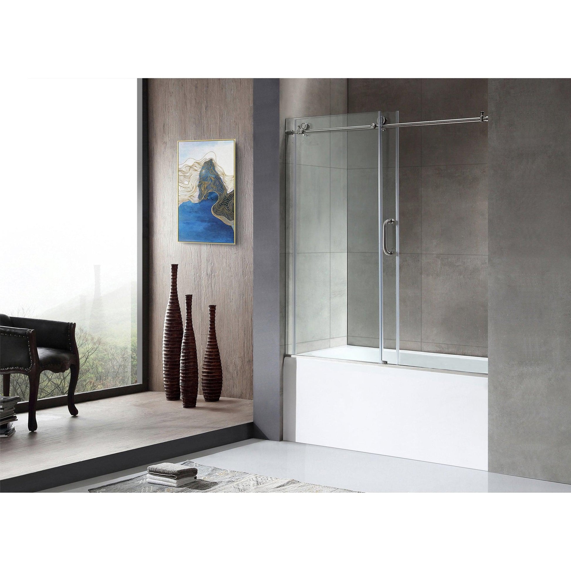 ANZZI Don Series 60" x 62" Brushed Nickel Frameless Sliding Bathtub Door With Tsunami Guard