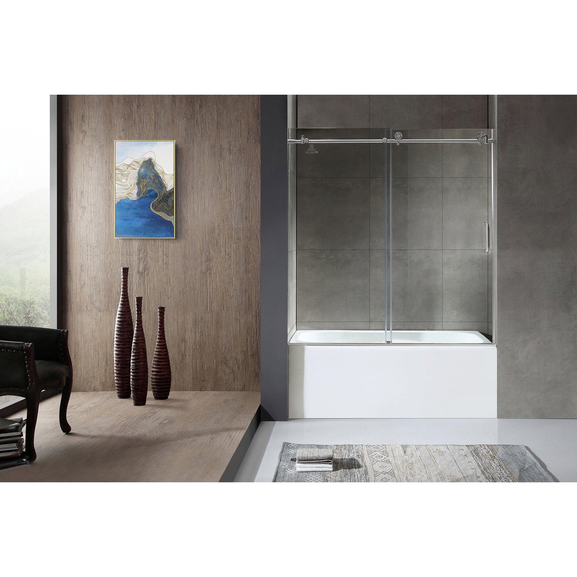 ANZZI Don Series 60" x 62" Brushed Nickel Frameless Sliding Bathtub Door With Tsunami Guard