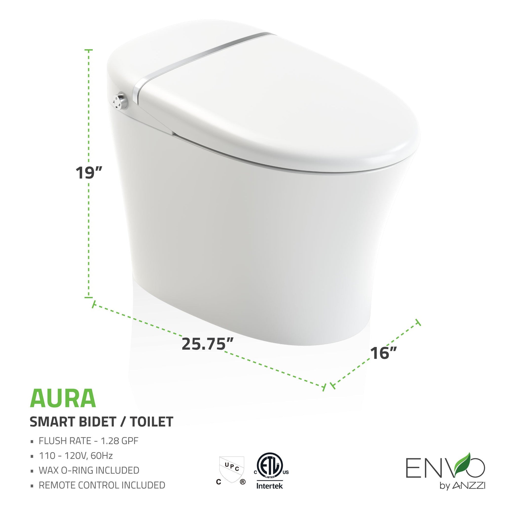 ANZZI ENVO Aura Series White Smart Bathroom Toilet With Remote Control ...