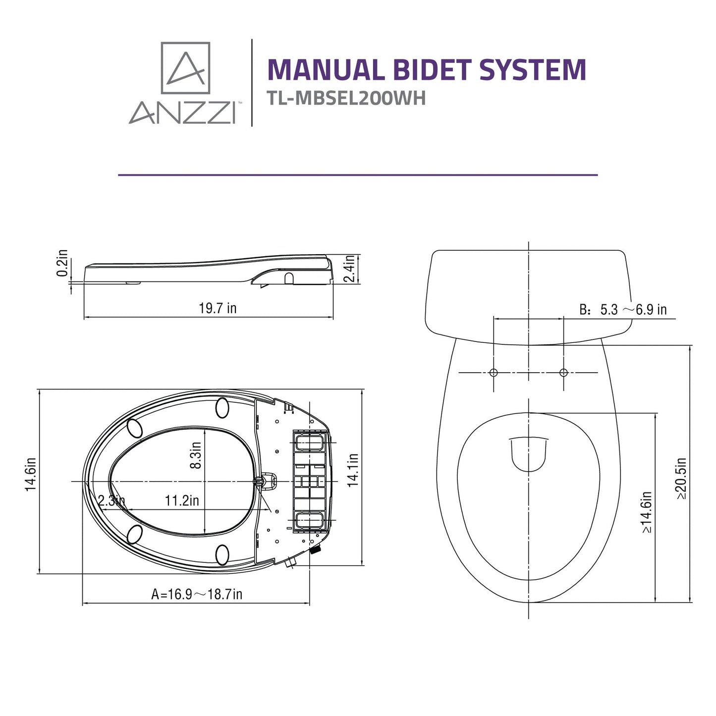 ANZZI Hal Series White Soft Close Non-Electric Toilet Seat With Dual Nozzle and Built-In Side Lever