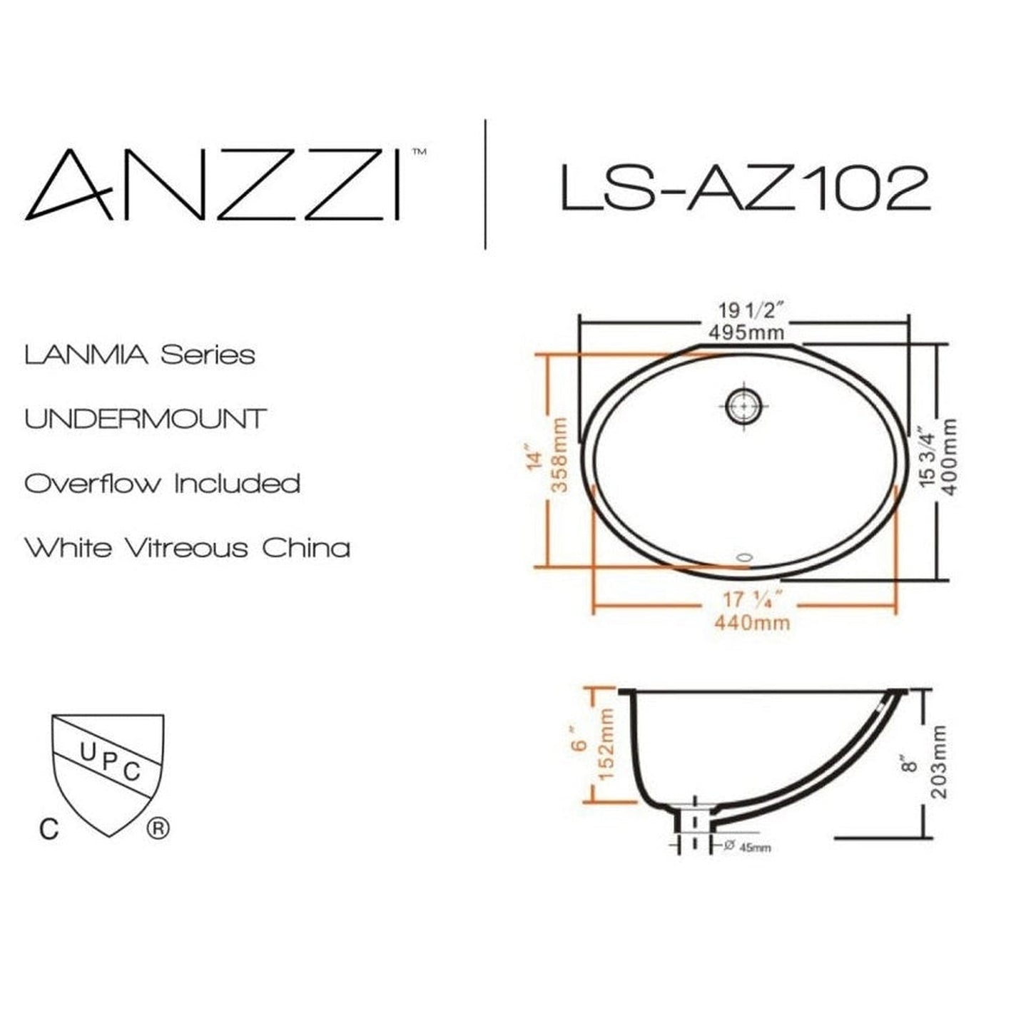 ANZZI Lanmia Series 20" x 16" Oval Shape Undermount Sink With Built-In Overflow in Glossy White Finish